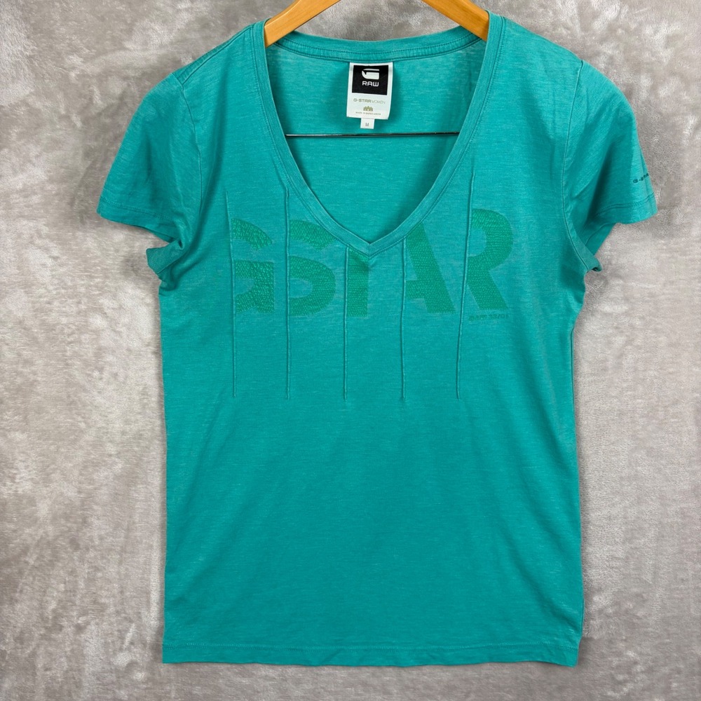 G-Star Raw T Shirt Womens M V Neck Teal Green Graphic Pintuck Slub Jersey